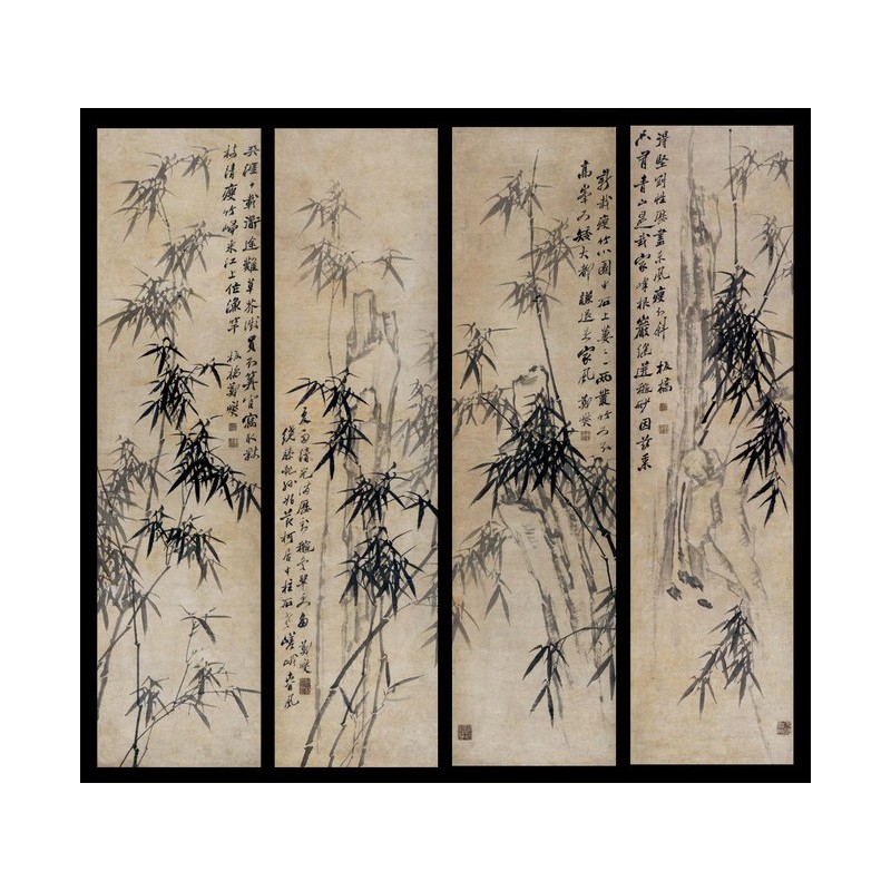 Peinture asiatique ancienne - Composition de 4 tableaux de bambou et calligraphie en noir et blanc
