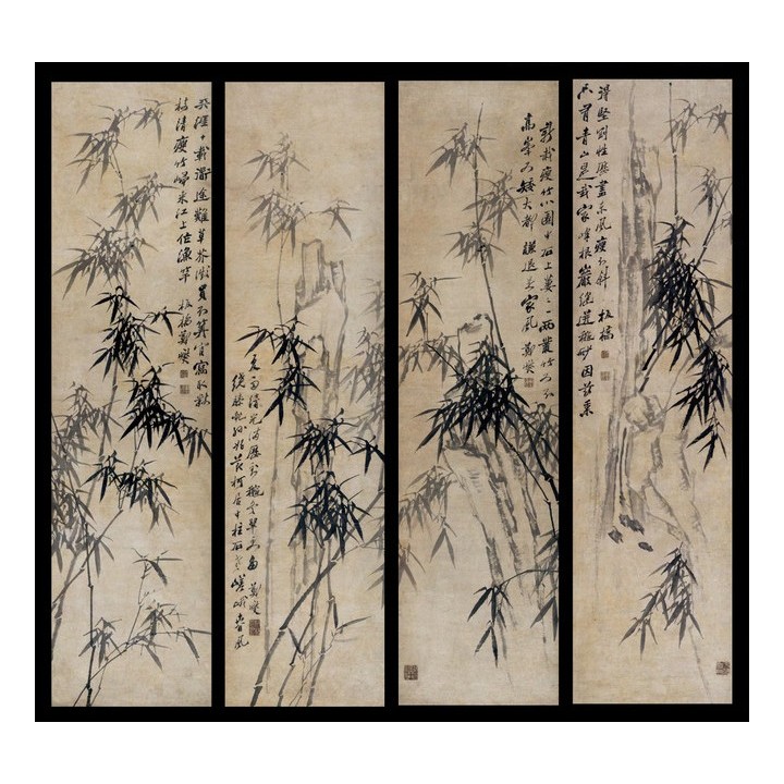tapisserie asiatique ancienne peinture à l'encre de chine les bambous et calligraphie en noir et blanc