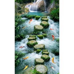 revêtement de sol paysage vinyle autocollant surface en pvc trompe l'œil effet 3d pas japonais dans la rivière avec les poissons