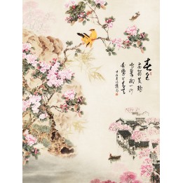 tapisserie numérique style asiatique format portrait paysage avec les fleurs de cerisier et les oiseaux