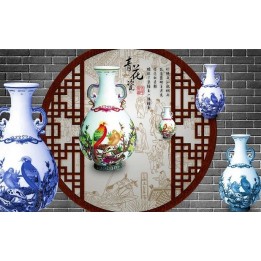 extension d'espace papier peint 3d trompe l'œil les porcelaines chinoises anciennes devant mur gris