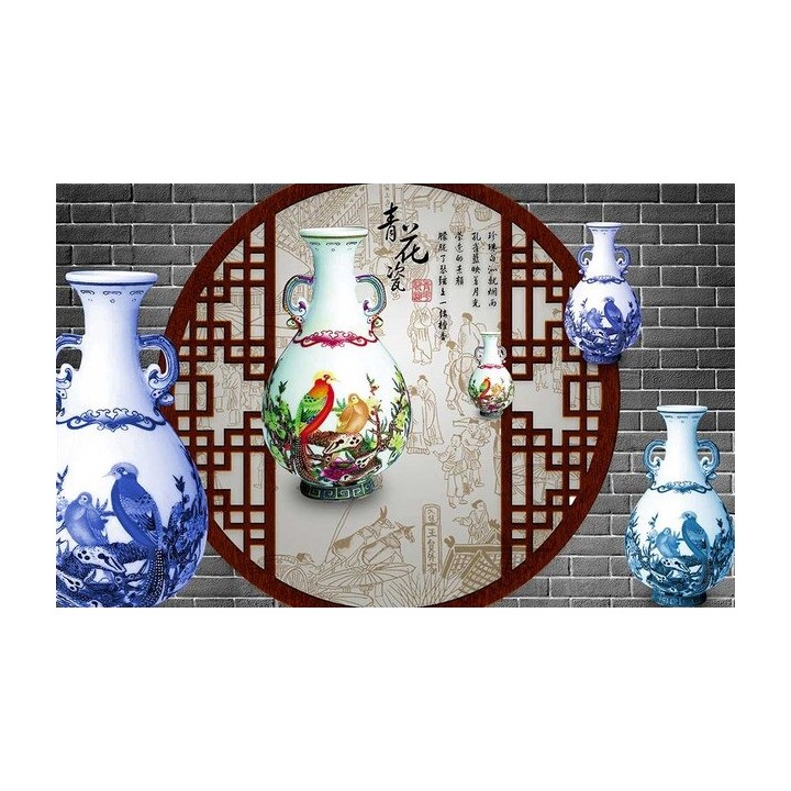 extension d'espace papier peint 3d trompe l'œil les porcelaines chinoises anciennes devant mur gris