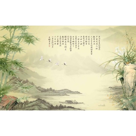 Paysage asiatique aspect ancien effet sépia - Les bambous et les orchidées sauvages