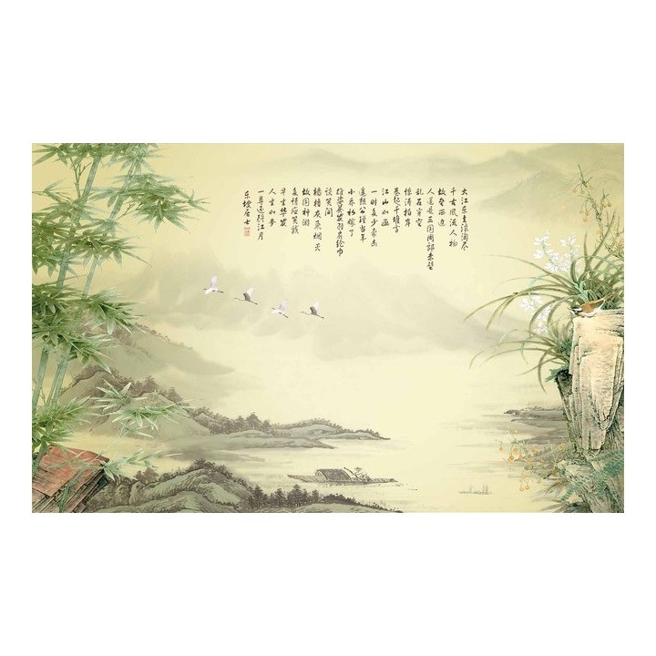 peinture asiatique ancienne papier peint d'artiste panoramique tapisserie paysage avec les bambous et les orchidées sauvages