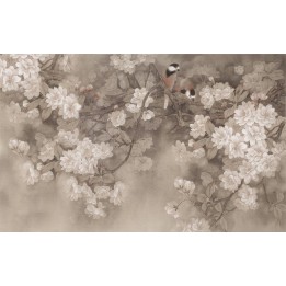 papier peint tapisserie asiatique les fleurs de cerisier et les oiseaux fond gris