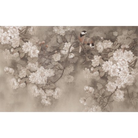 Papier peint tapisserie asiatique - Les fleurs de cerisier et les oiseaux fond gris