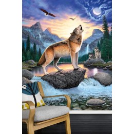 Poster Géant Animaux Sauvages Loup Pleine Lune Paysage Montagne