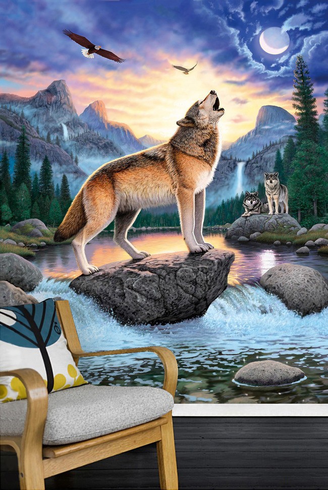 Poster Geant Animaux Sauvages Loup Pleine Lune Paysage Montagne Atelier Wybo