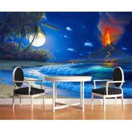 papier peint paysage fantaisie personnalisé éruption du volcan à la pleine lune au bord de la mer 