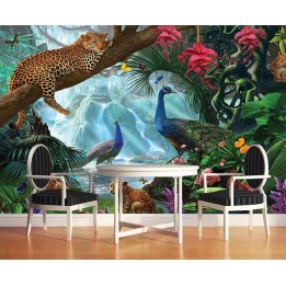 Tapisserie Tropicale Paysage Jungle Panthère Paon