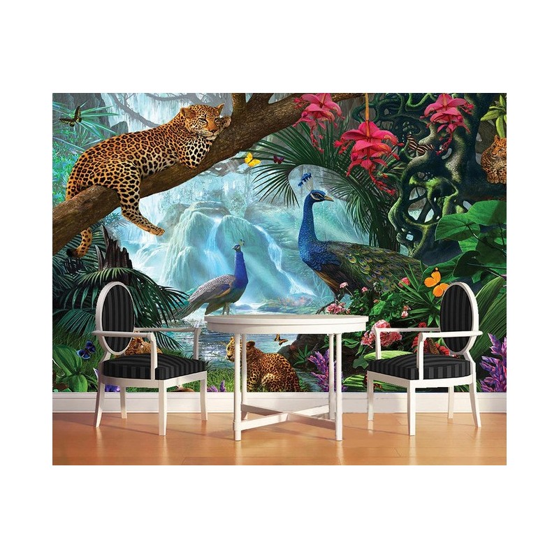 Tableau d'artiste - Les panthères et les paons dans la jungle tropicale