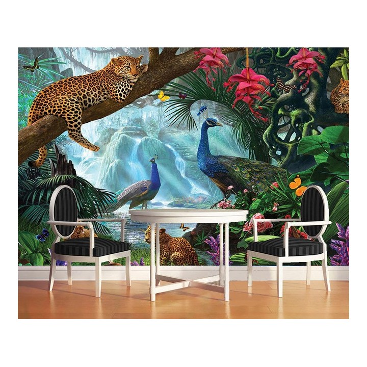 Tapisserie Tropicale Paysage Jungle Panthère Paon