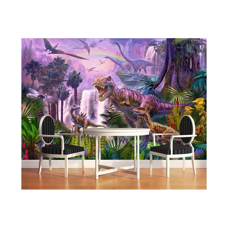 Papier peint tapisserie spécial dinosaure - Les dinosaures avec les libellules géantes dans la jungle