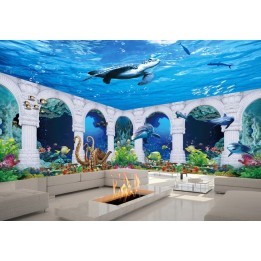 décor grand format panoramique papier peint photo trompe l'œil tapisserie 3D fond marin les dauphins et les pieuvres