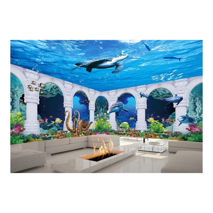 décor grand format panoramique papier peint photo trompe l'œil tapisserie 3D fond marin les dauphins et les pieuvres