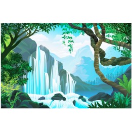 Poster Géant Intissé Dessin Enfant Arbre Jungle Chute d'Eau