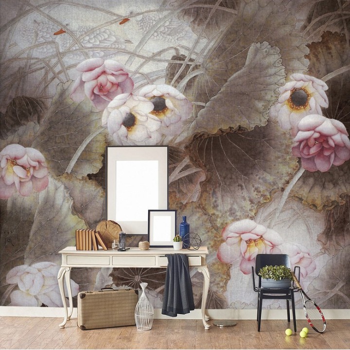 papier peint asiatique ancienne tapisserie d'artiste personnalisé les lotus roses et les canards