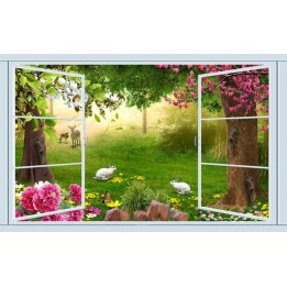 décoration murale personnalisé poster trompe l’œil 3d Les animaux dans le jardin fleuri