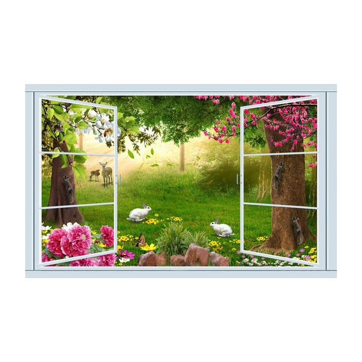 décoration murale personnalisé poster trompe l’œil 3d Les animaux dans le jardin fleuri