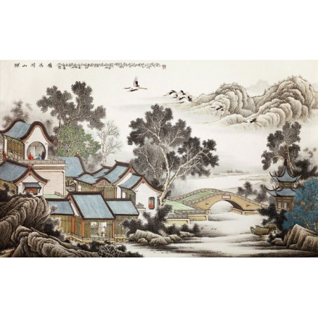 Peinture à l'encre de Chine - Maison dans la montagne
