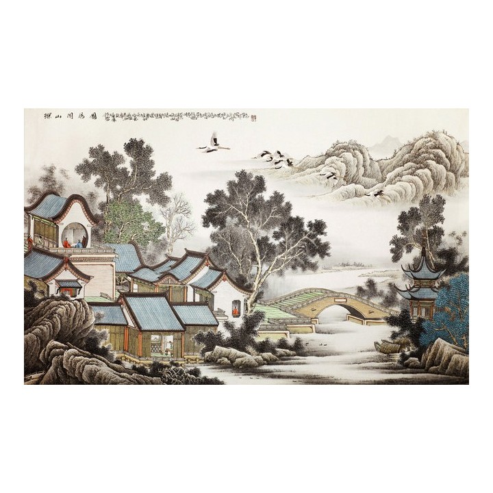papier peint photo personnalsé paysage asiatique tapisserie d'artiste maison dans la montagne
