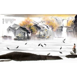 papier peint photo personnalsé paysage d'automne tapisserie asiatique village flottant