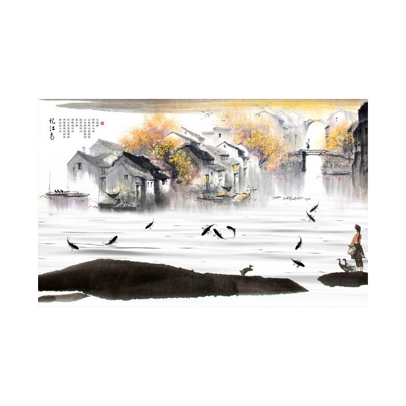 Peinture à l'encre de Chine - Paysage d'automne - Village flottant