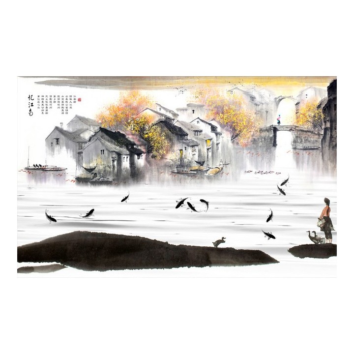 papier peint photo personnalsé paysage d'automne tapisserie asiatique village flottant
