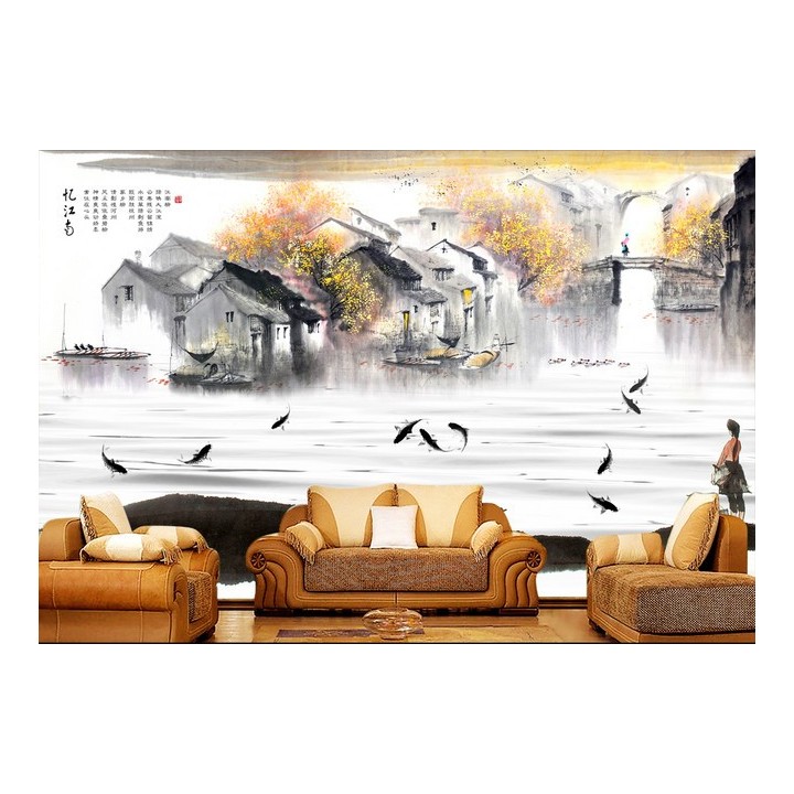papier peint photo personnalsé paysage d'automne tapisserie asiatique village flottant