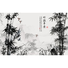 Peinture à l'encre de chine en noir et blanc, papier peint sur-mesure paysage avec bambous et orchidées sauvages