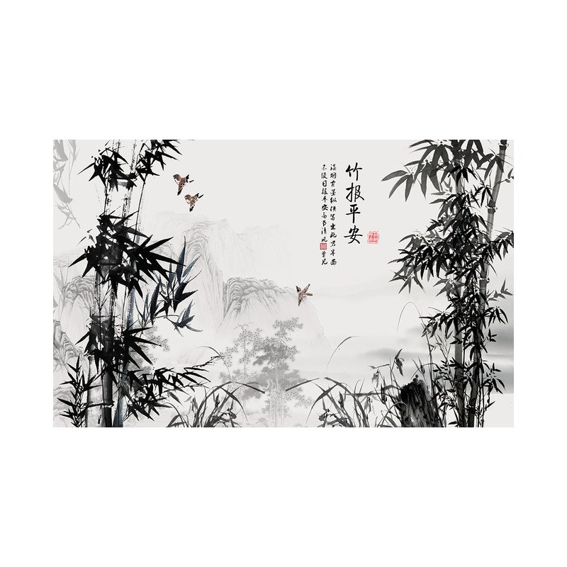 Peinture à l'encre de Chine en noir et blanc - Paysage avec les bambous et les orchidées sauvages
