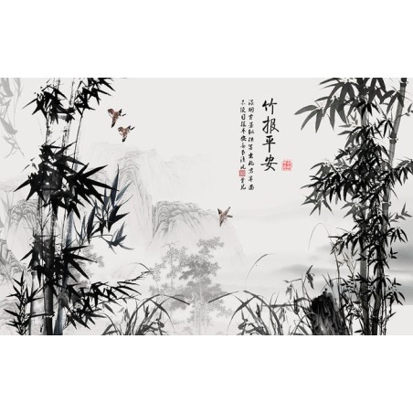 Peinture à l'encre de Chine en noir et blanc - Paysage avec les bambous et les orchidées sauvages