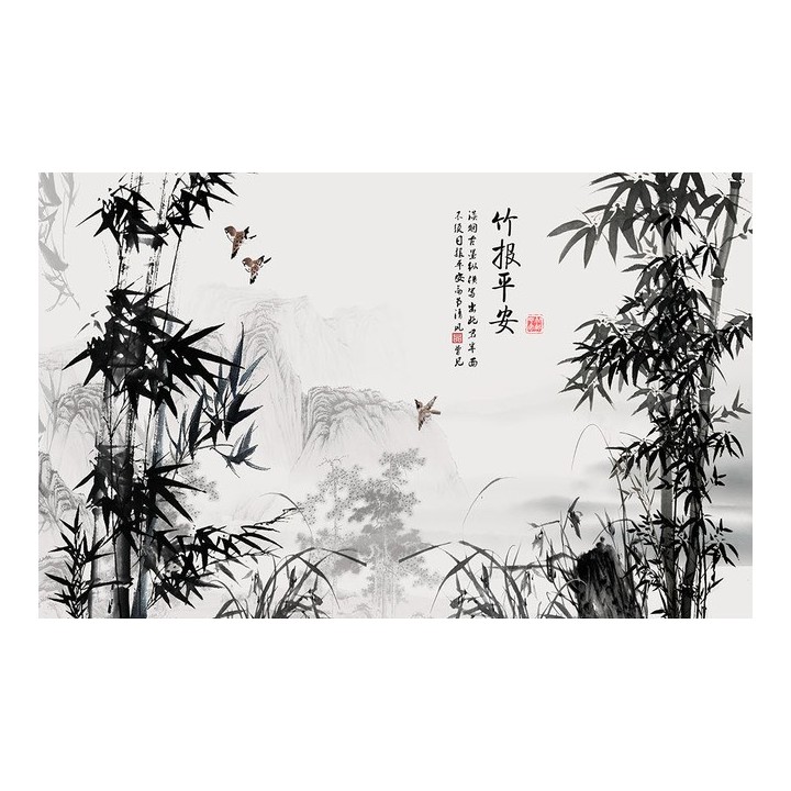 Peinture à l'encre de chine en noir et blanc, papier peint sur-mesure paysage avec bambous et orchidées sauvages