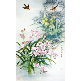 papier peint floral les orchidées sauvages avec les oiseaux en printemps