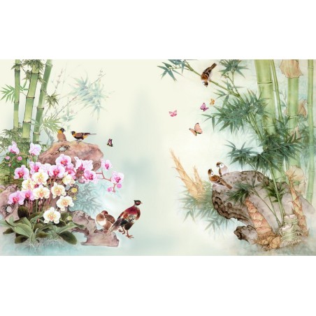 Papier peint asiatique - Les orchidées, les bambous et les oiseaux