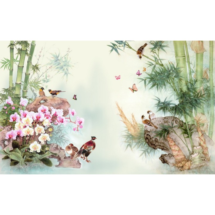 décoration murale asiatique les bambous les orchidées et les oiseaux