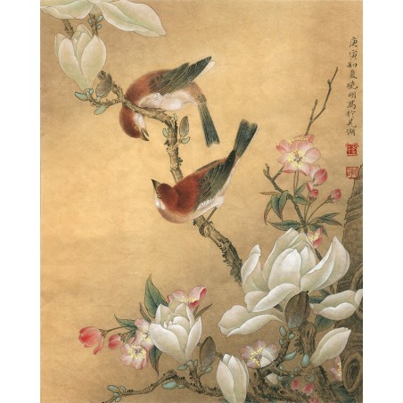 Peinture asiatique aspect ancien papier peint vintage - Les magnolias, le cerisier et les oiseaux