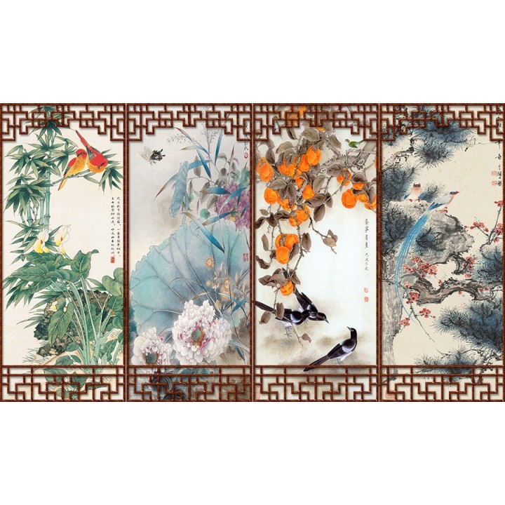 décor asiatique paravent aux fleurs et aux oiseaux des 4 saisons