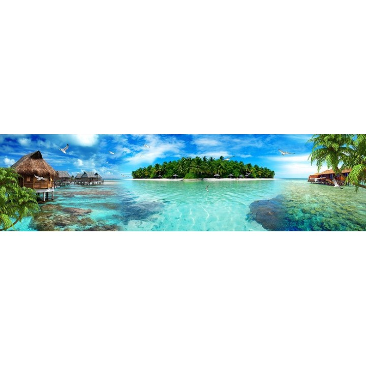 papier peint photo grand panoramique tapisserie paysage mer tropicale maison flottante île verte