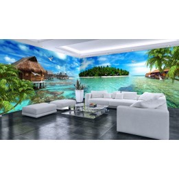 papier peint photo grand panoramique tapisserie paysage mer tropicale maison flottante île verte