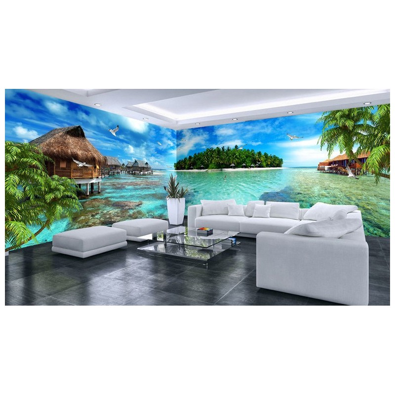 Décoration murale grand format panoramique paysage tropical - Maisons flottantes autour de l'île verte