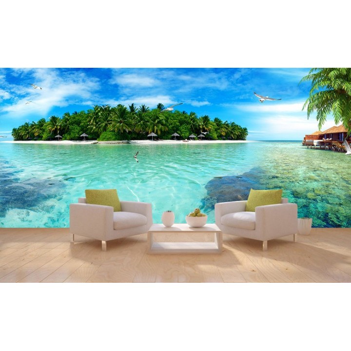 papier peint photo grand panoramique tapisserie paysage mer tropicale maison flottante île verte