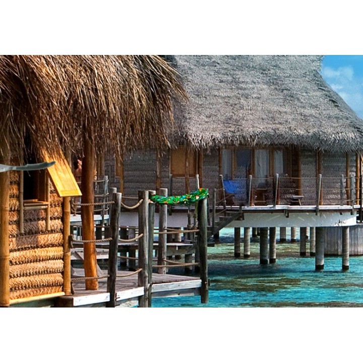 papier peint photo grand panoramique tapisserie paysage mer tropicale maison flottante île verte