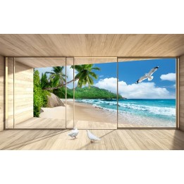 décoration murale papier peint photo personnalisé poster trompe l’œil 3d baie vitrée terrasse en bois plage privée