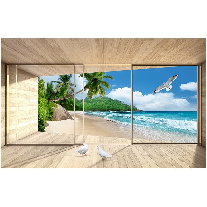 décoration murale papier peint photo personnalisé poster trompe l’œil 3d baie vitrée terrasse en bois plage privée