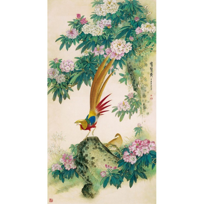 Papier peint asiatique format portrait - Le faisan et les fleurs