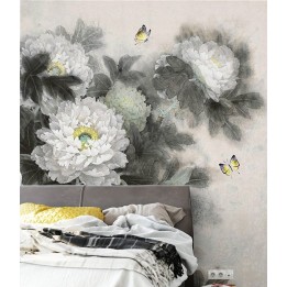 Peinture asiatique aspect ancien les pivoines et les papillons en noir et blanc