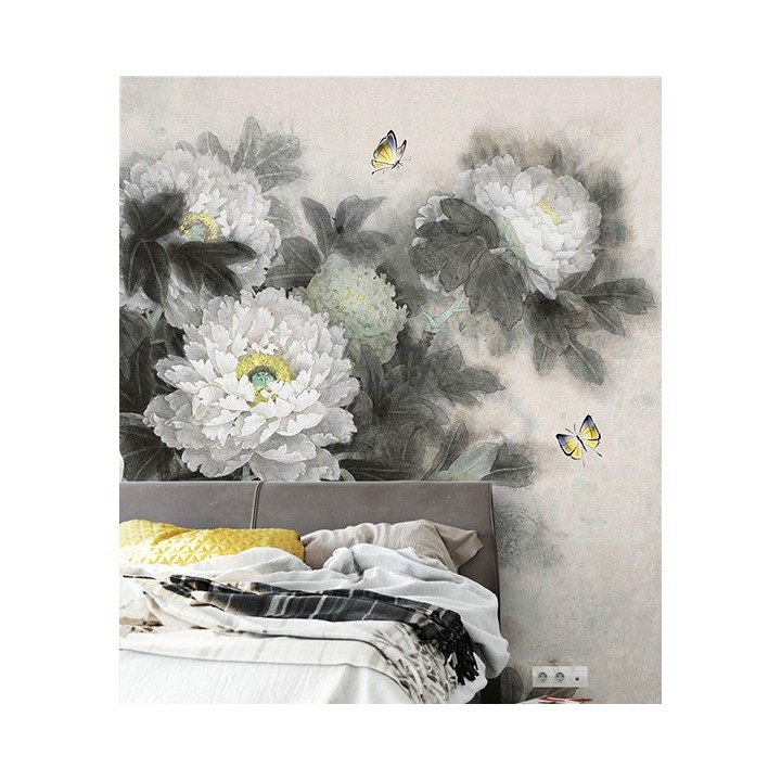 Peinture asiatique aspect ancien les pivoines et les papillons en noir et blanc
