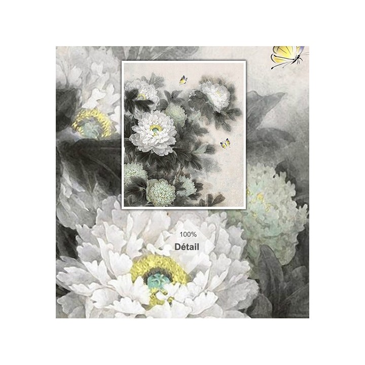 Peinture asiatique aspect ancien les pivoines et les papillons en noir et blanc