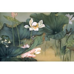 Peinture aquarelle zen - Les lotus et l'oiseau